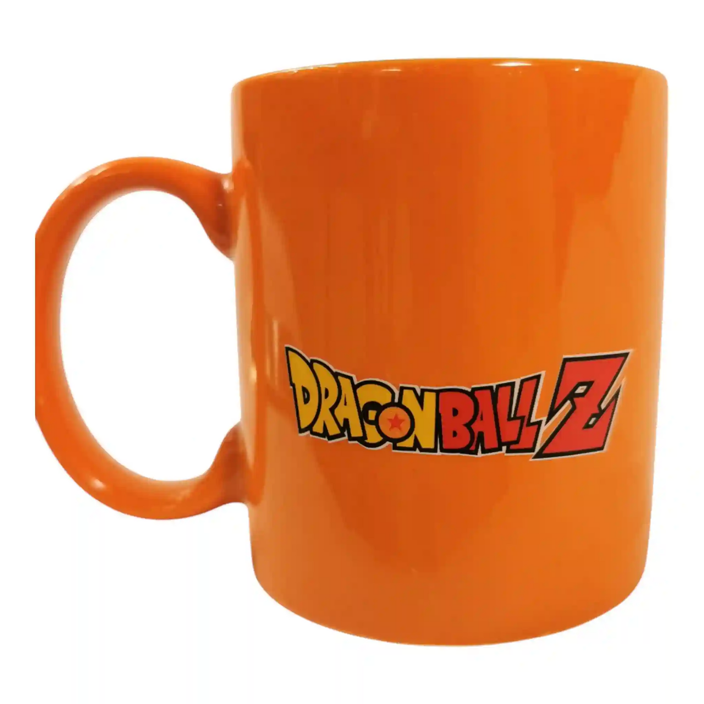 Vista posterior de la taza de Dragon Ball Z con el logotipo oficial en letras amarillas y rojas.