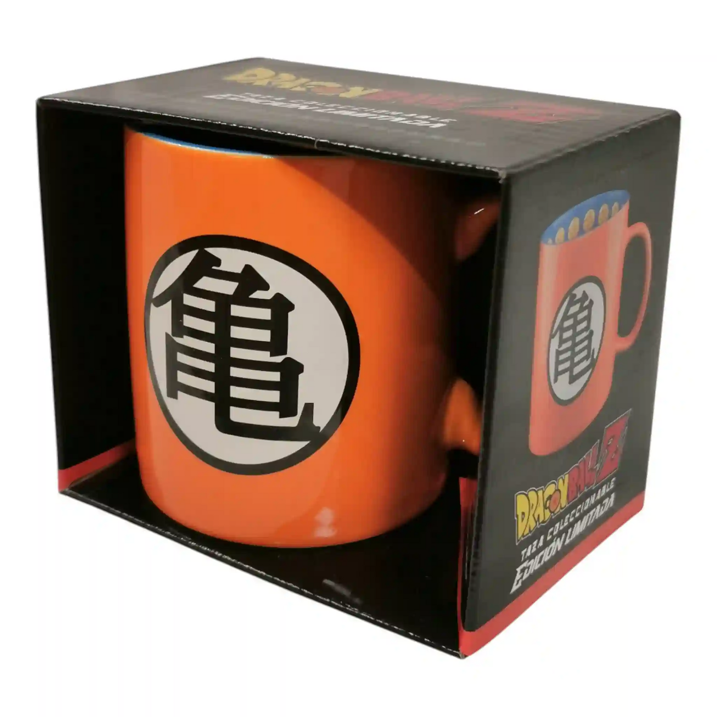 Taza de Dragon Ball Z dentro de su caja de edición limitada, visible desde el frente.