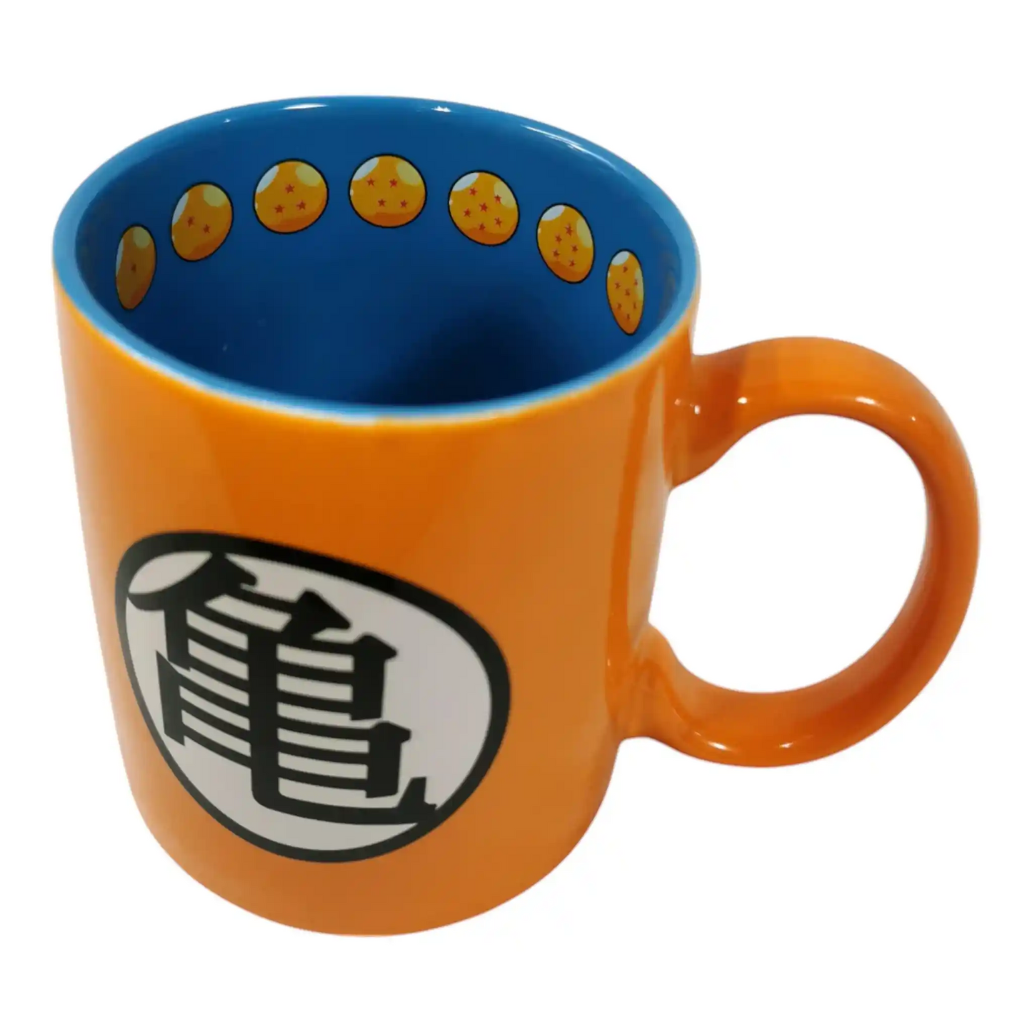 Vista superior de la taza de Dragon Ball Z con interior azul decorado con esferas del dragón.