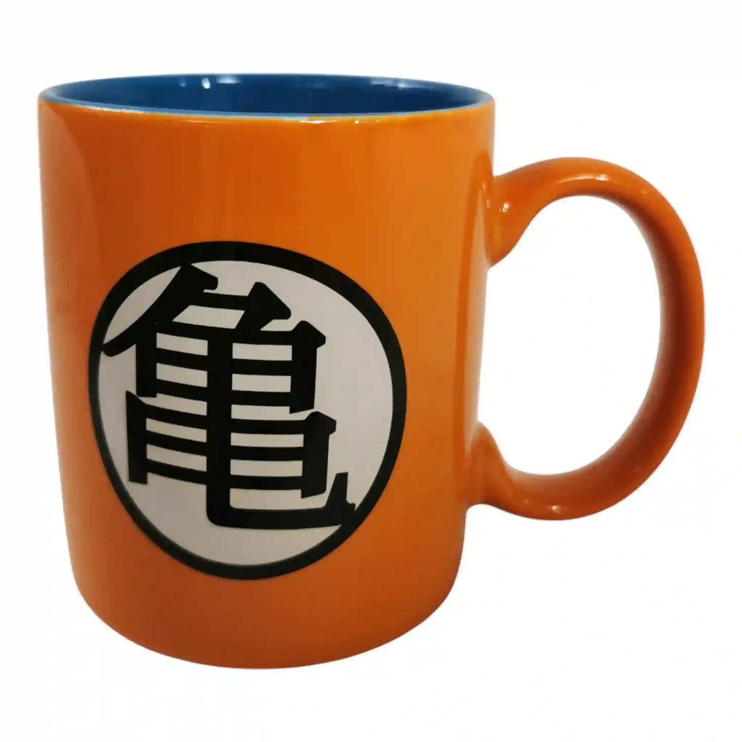 Taza naranja de Dragon Ball Z con el símbolo kanji de Kame al frente