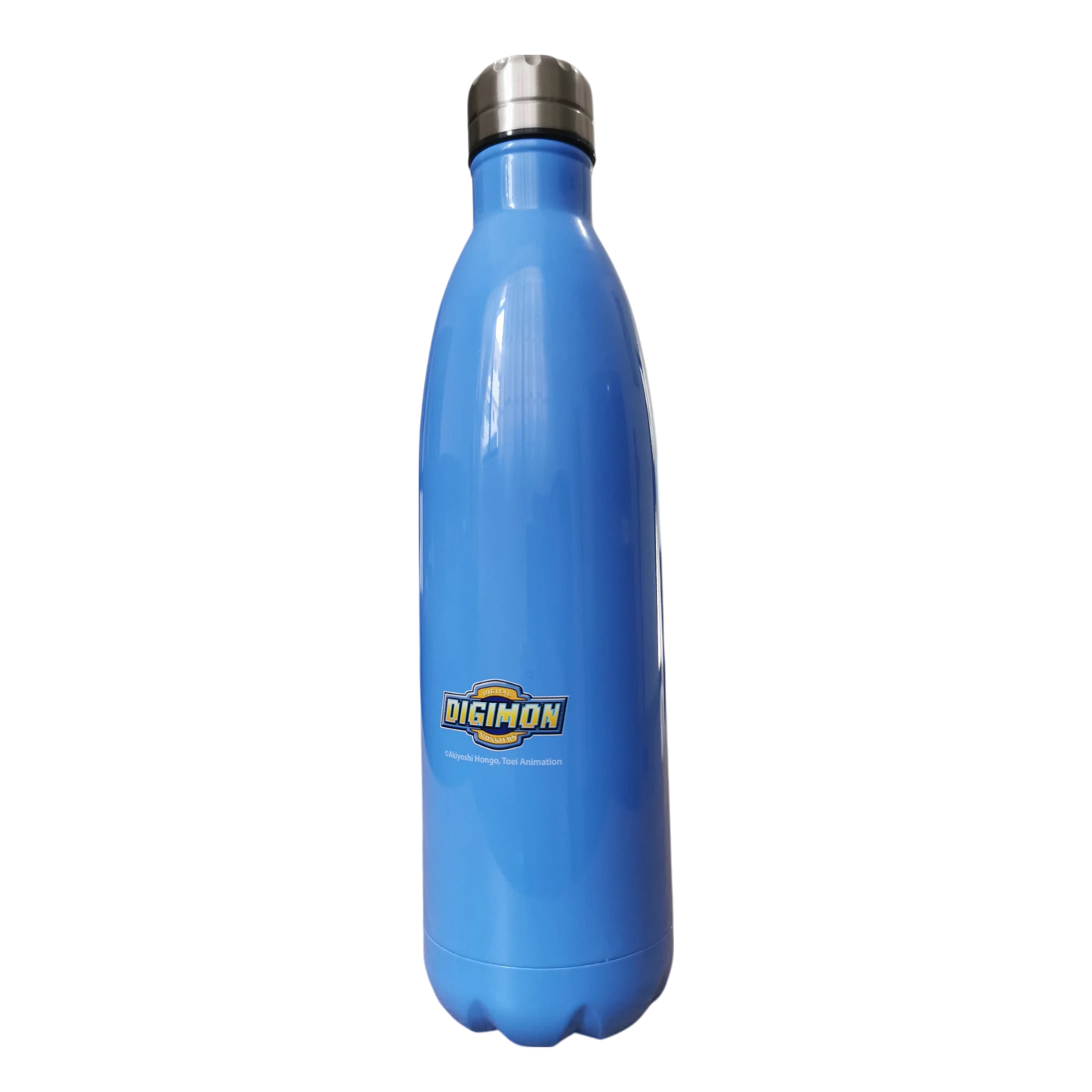 Botella metálica azul con logo oficial de Digimon al centro