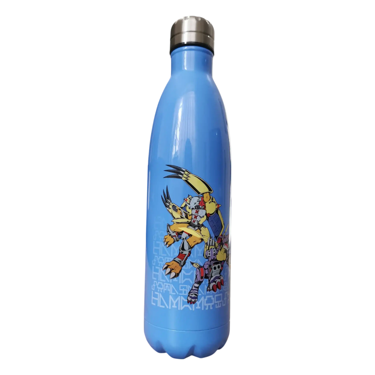 Botella metálica Digimon con diseño de MetalGarurumon y WarGreymon al frente