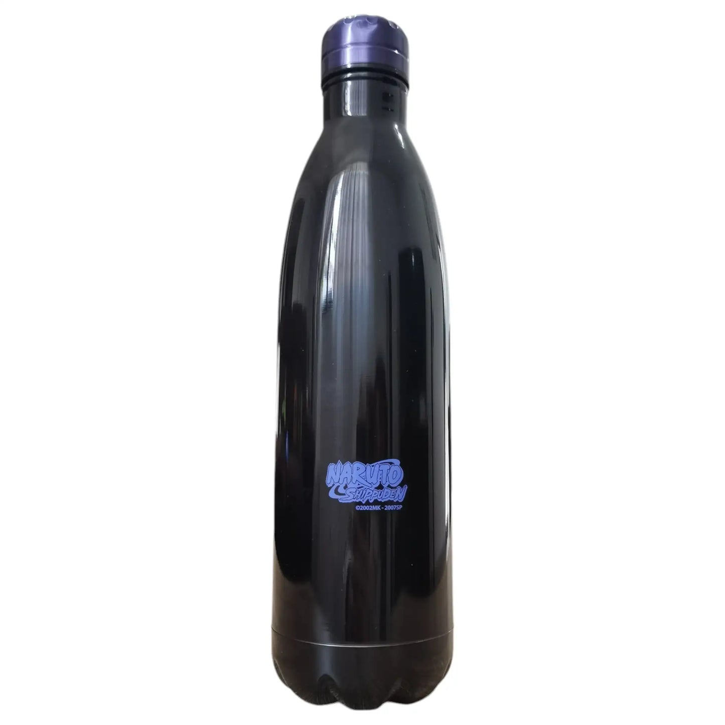 Vista trasera de la botella metálica con logo oficial de Naruto Shippuden