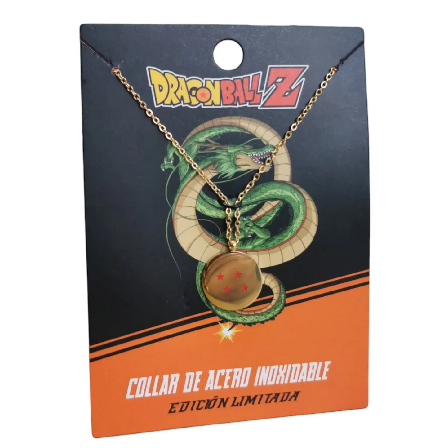Collar de Dragon Ball Z con esfera de 4 estrellas sobre empaque original con Shen Long y logo oficial.
