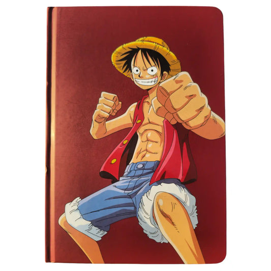 Portada de la libreta con ilustración de Luffy en posición de combate sobre fondo rojo