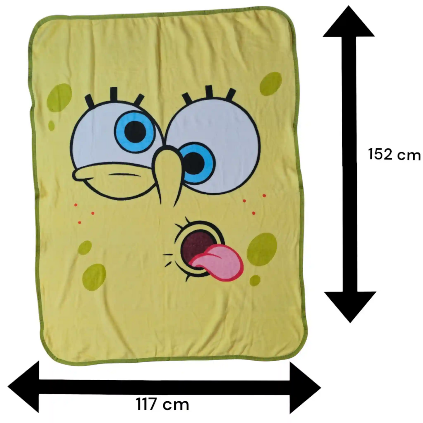 Cobija de Bob Esponja con medidas ilustradas de 152 x 117 cm, diseño oficial con fondo amarillo