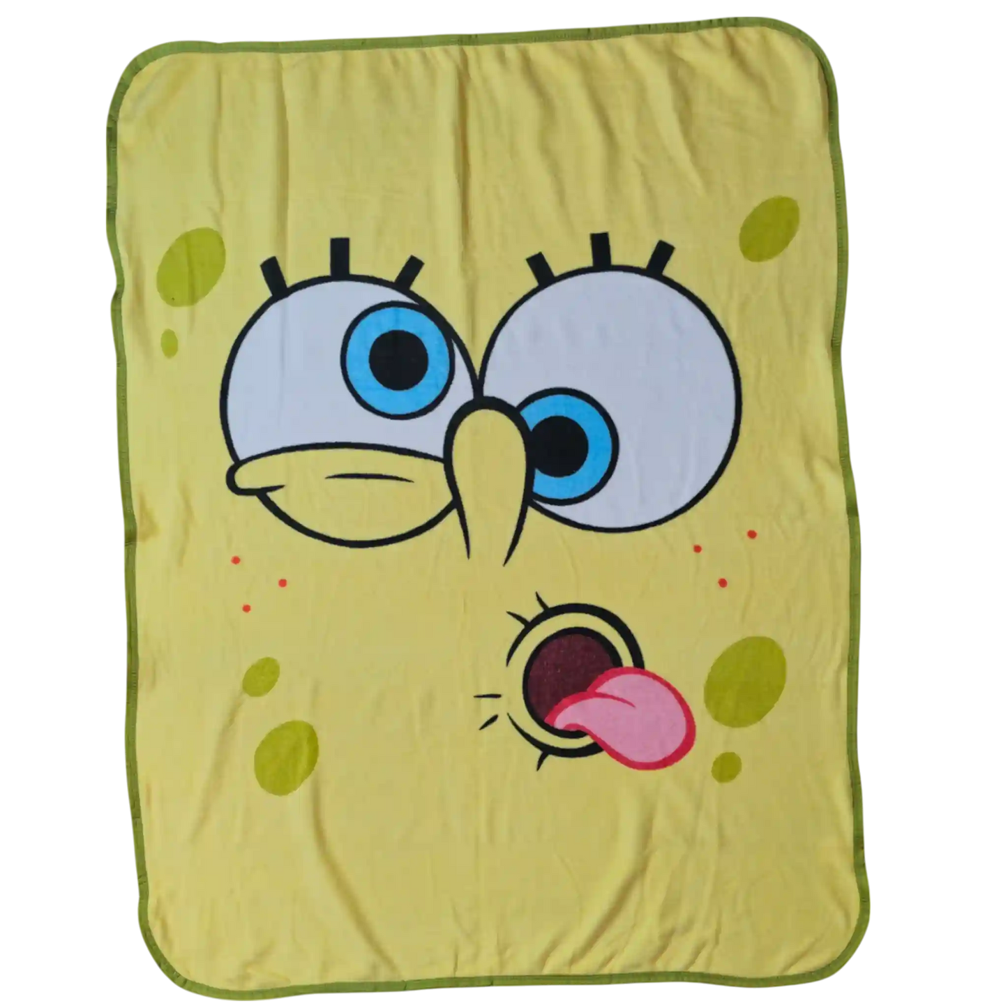 Cobija de Bob Esponja con diseño divertido de su rostro sacando la lengua sobre fondo amarillo