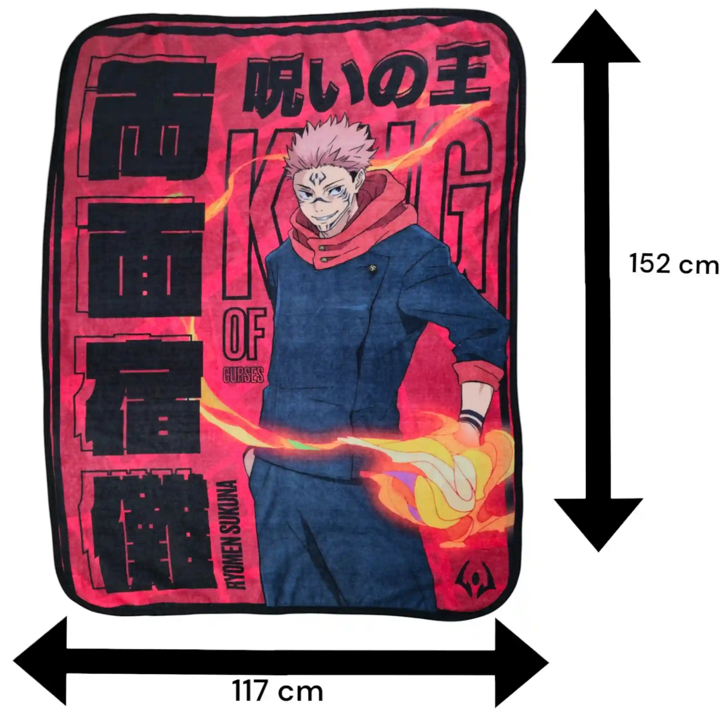 Cobija de Sukuna de Jujutsu Kaisen con medidas de 152 x 117 cm ilustradas sobre la imagen