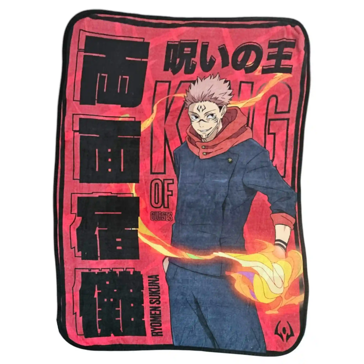 Cobija completa de Jujutsu Kaisen con diseño de Ryomen Sukuna en pose frontal y fondo rojo.