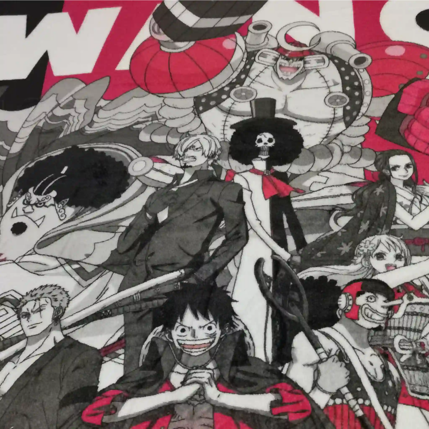 Acercamiento al diseño principal de la manta de One Piece Wano con Luffy, Zoro, Sanji y más personajes en estilo manga