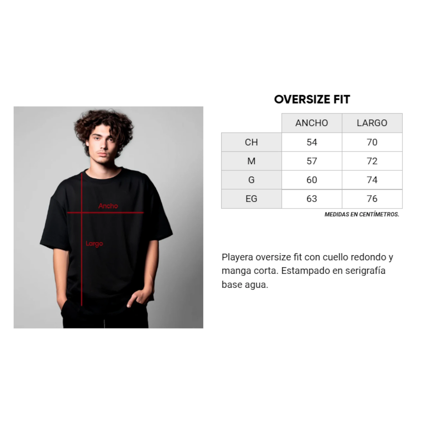 Guía visual de medidas de playeras oversize para hombre con corte amplio, ancho y largo en centímetros