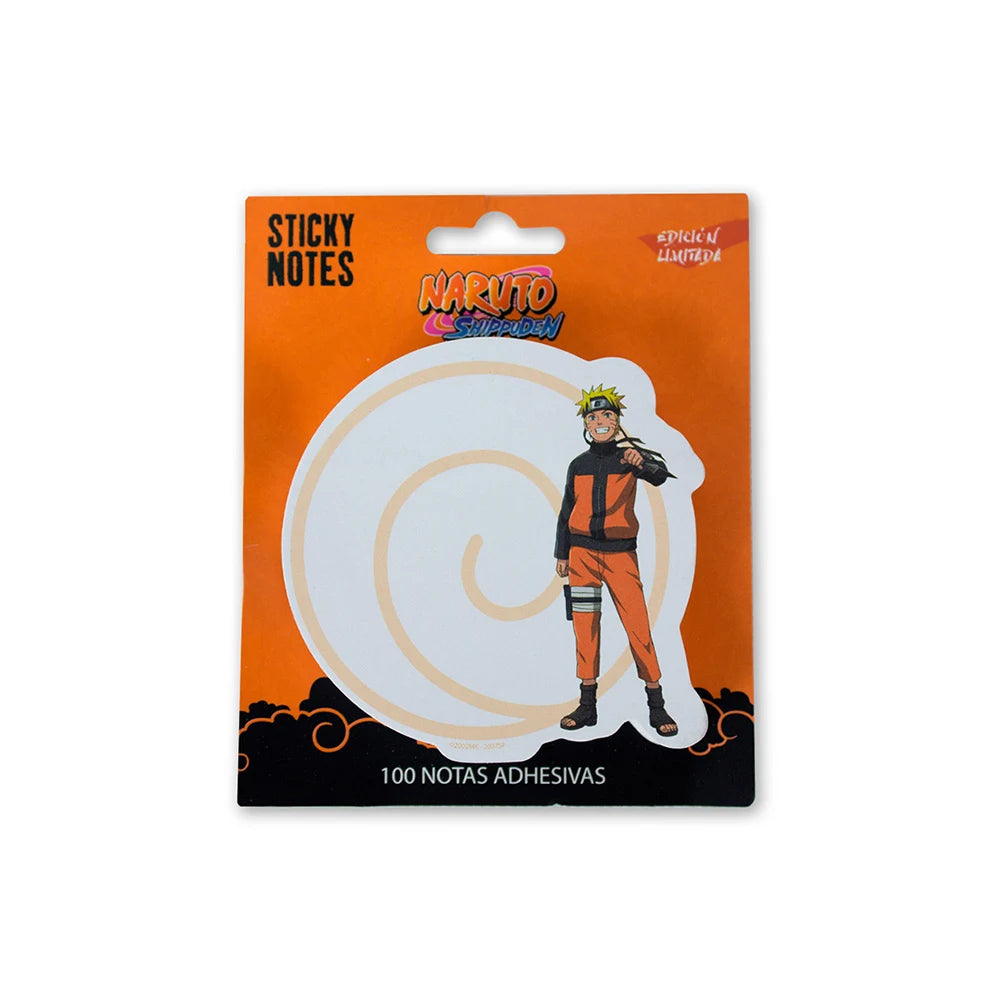 Vista frontal del bloc de notas adhesivas Naruto Shippuden con fondo naranja, espiral central y personaje de Naruto. Incluye 100 hojas. Producto oficial