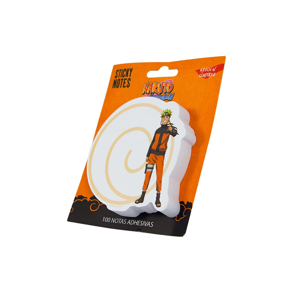 Bloc de notas adhesivas de Naruto Shippuden con empaque naranja, diseño en espiral y figura de Naruto en uniforme ninja. Contiene 100 hojas adhesivas