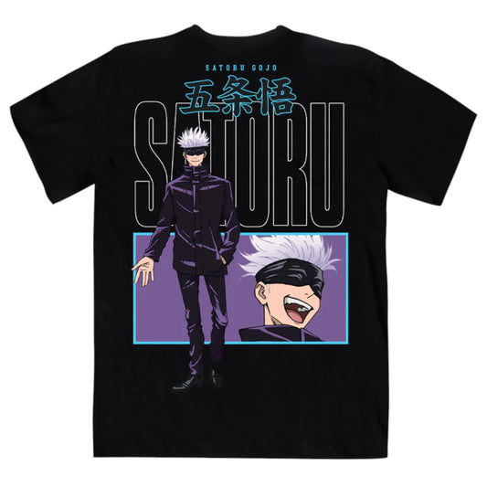Playera oversize con ilustración de Satoru Gojo de Jujutsu Kaisen en la parte trasera