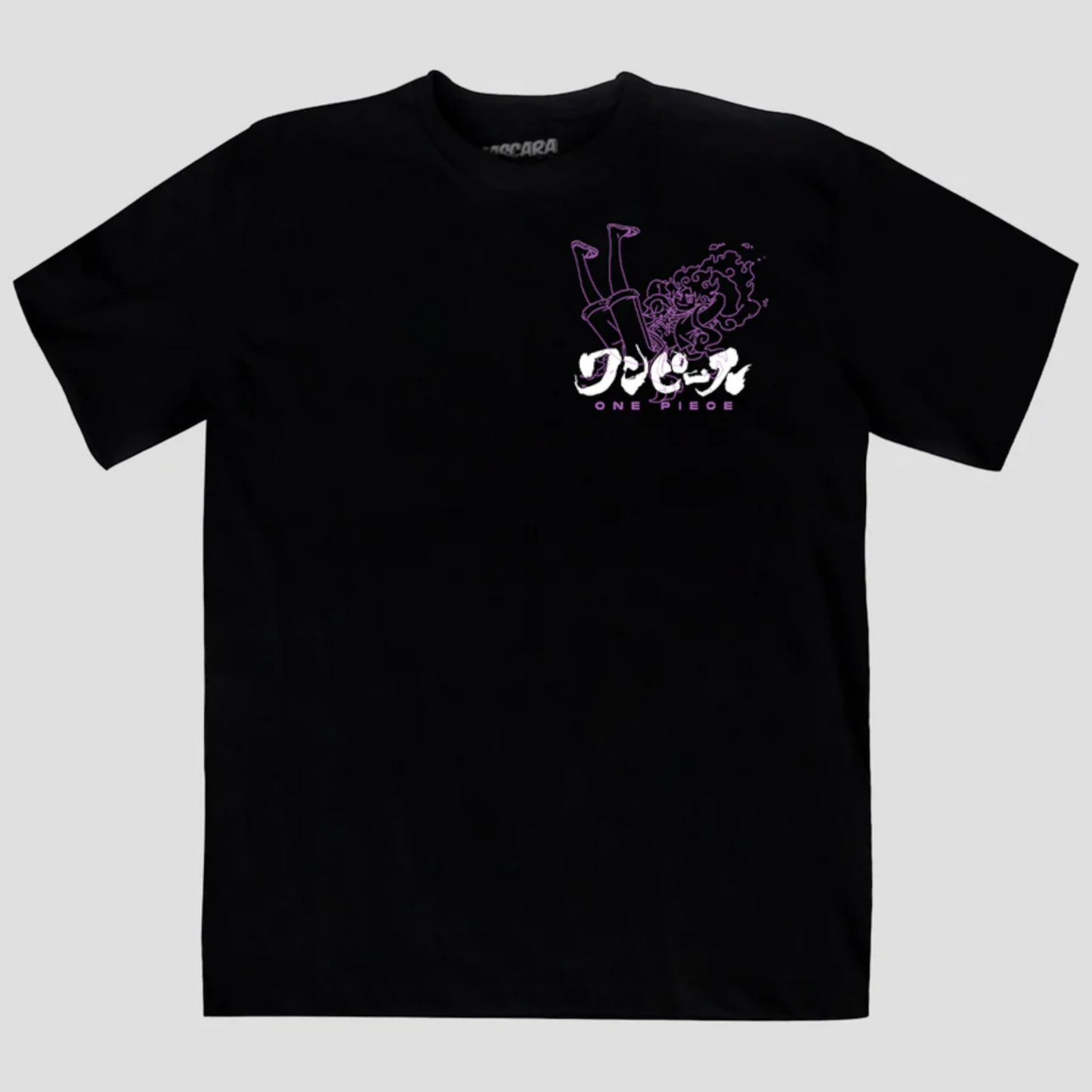 Playera oversize negra con diseño frontal de Luffy en Gear 5 de One Piece con detalles en morado