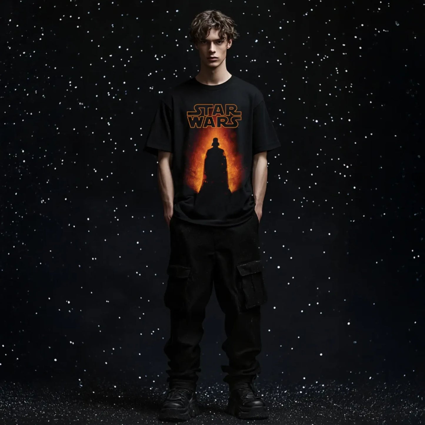 Modelo masculino con playera oversize de Star Wars con ilustración de Darth Vader en silueta incandescente