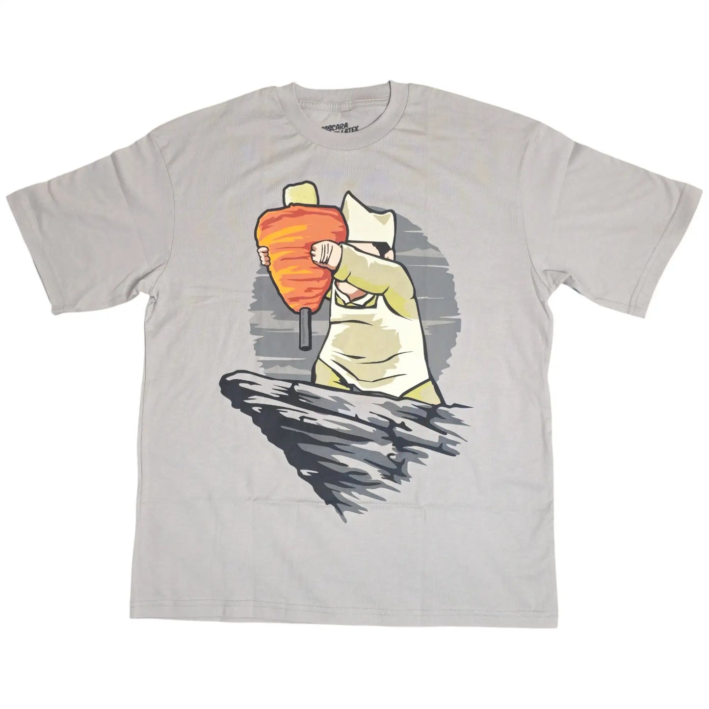 Playera oversize gris con ilustración de trompo de pastor sostenido por figura caricaturesca