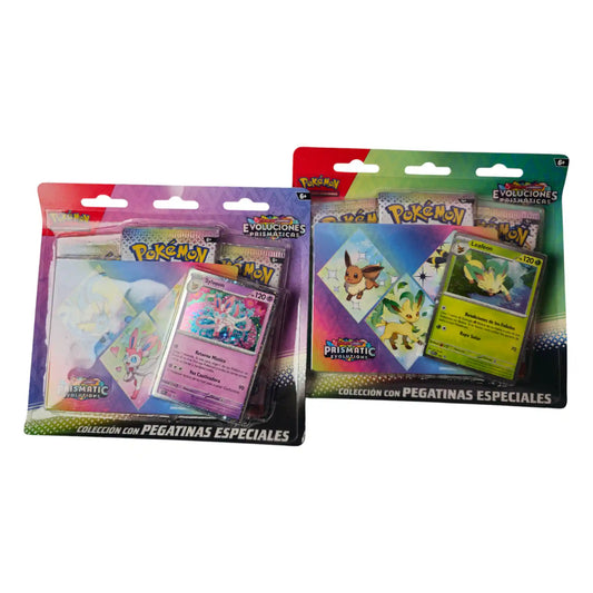 Set de cartas promocionales Pokémon con Leafeon y Sylveon de Evoluciones Prismáticas con pegatinas especiales