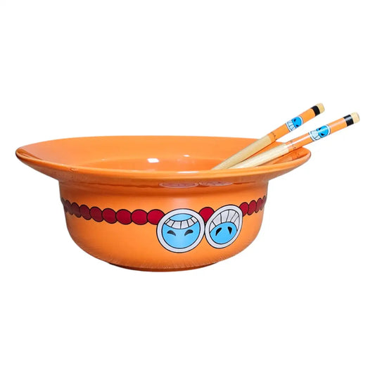 Ramen Bowl One Piece Sombrero De Ace Palillos Cerámica Naranja