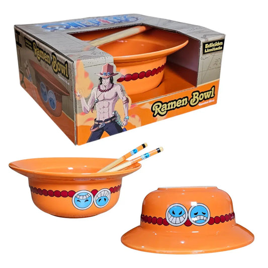 Ramen Bowl One Piece Sombrero De Ace Palillos Cerámica Naranja