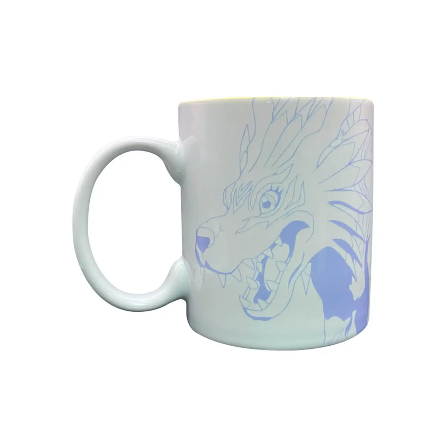 Diseño trasero de la taza de Gabumon con ilustración en tonos azules de Garurumon
