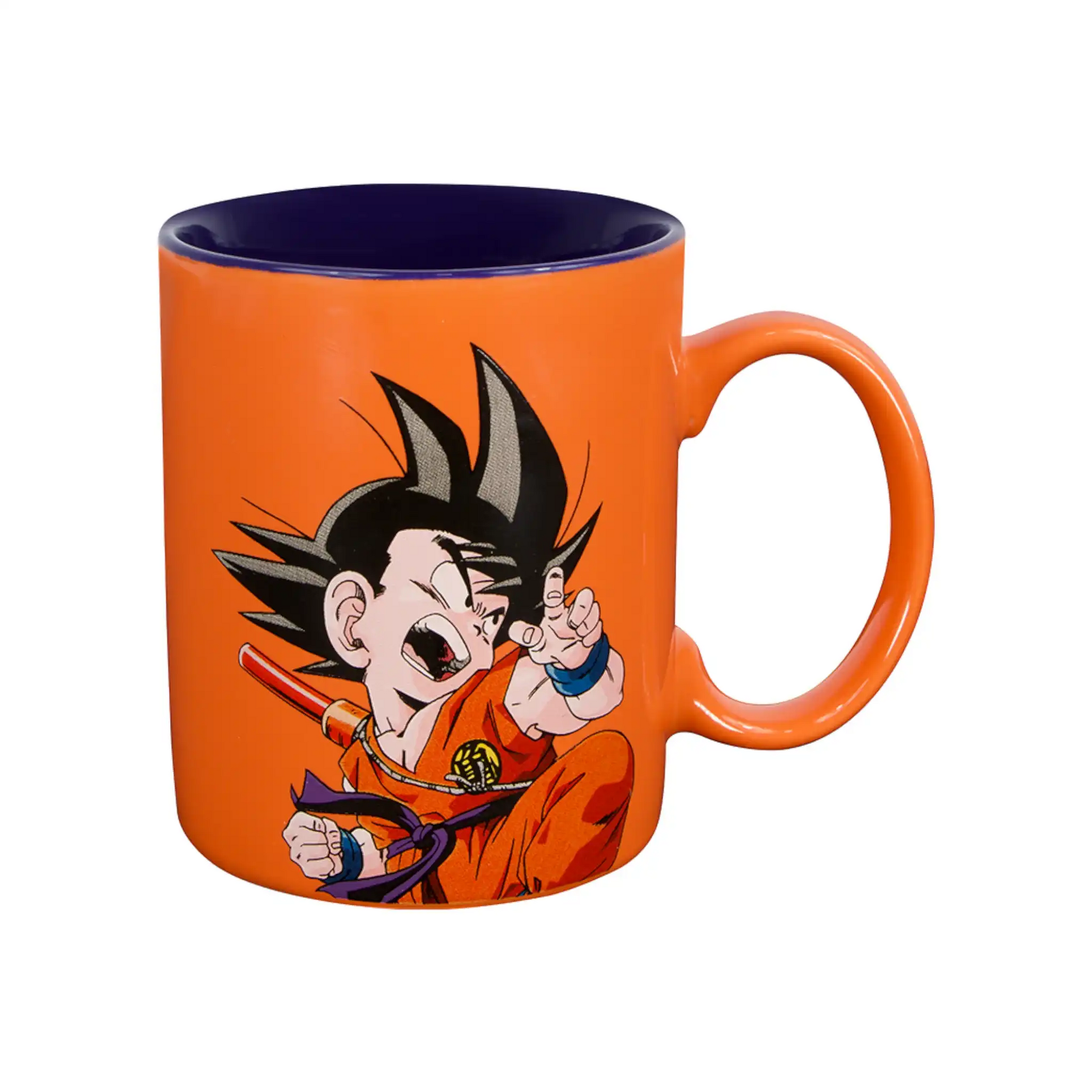 Vista frontal de la taza de Dragon Ball con ilustración de Goku niño en uniforme naranja.