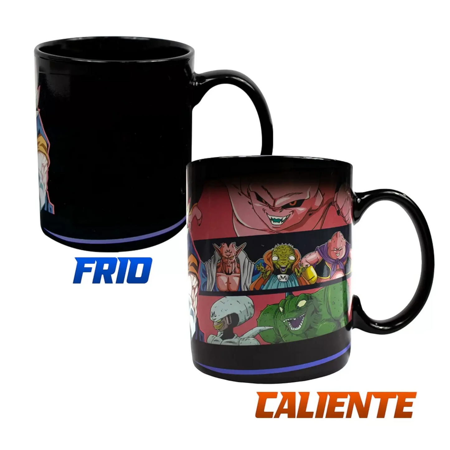 Taza mágica de Dragon Ball Z con diseño oculto de villanos al estar fría y revelado con agua caliente