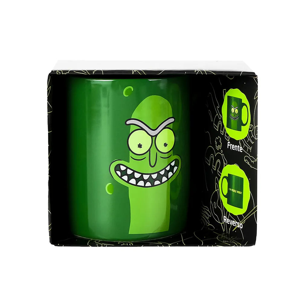 Taza Pickle Rick de Rick and Morty dentro de su caja ilustrada con vistas del frente y reverso