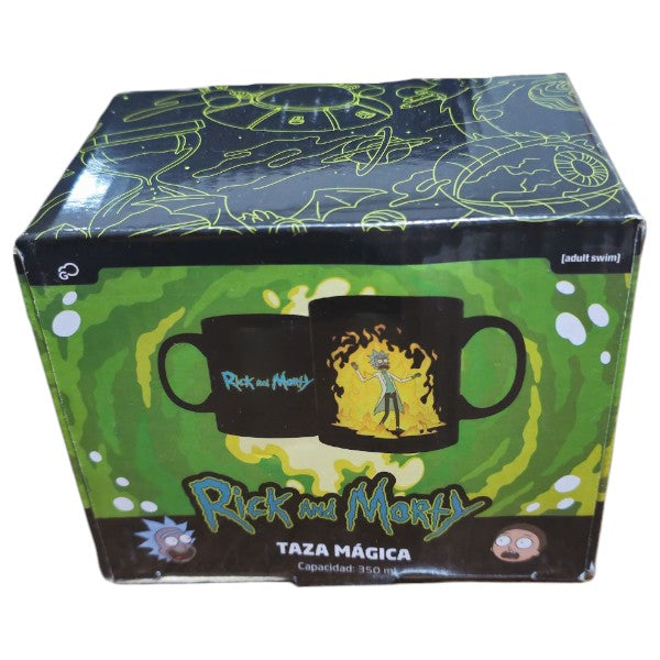 Taza mágica de Rick and Morty dentro de su empaque original, mostrando el diseño frío