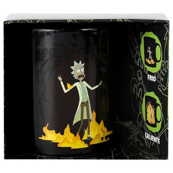 Caja de la taza mágica de Rick and Morty con ilustración del diseño térmico de Rick en llamas