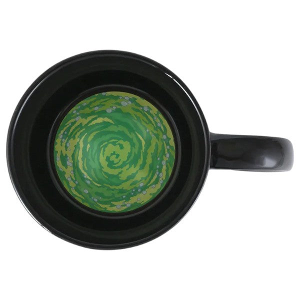 Vista superior del interior de la taza mágica decorado con el portal verde característico de Rick and Morty