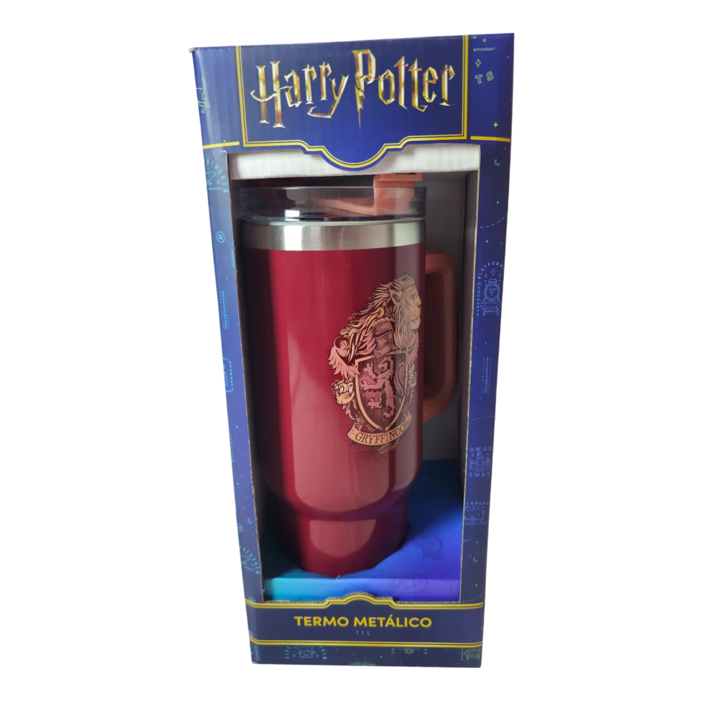 Termo Gryffindor dentro de su caja oficial de Harry Potter, con ventana frontal