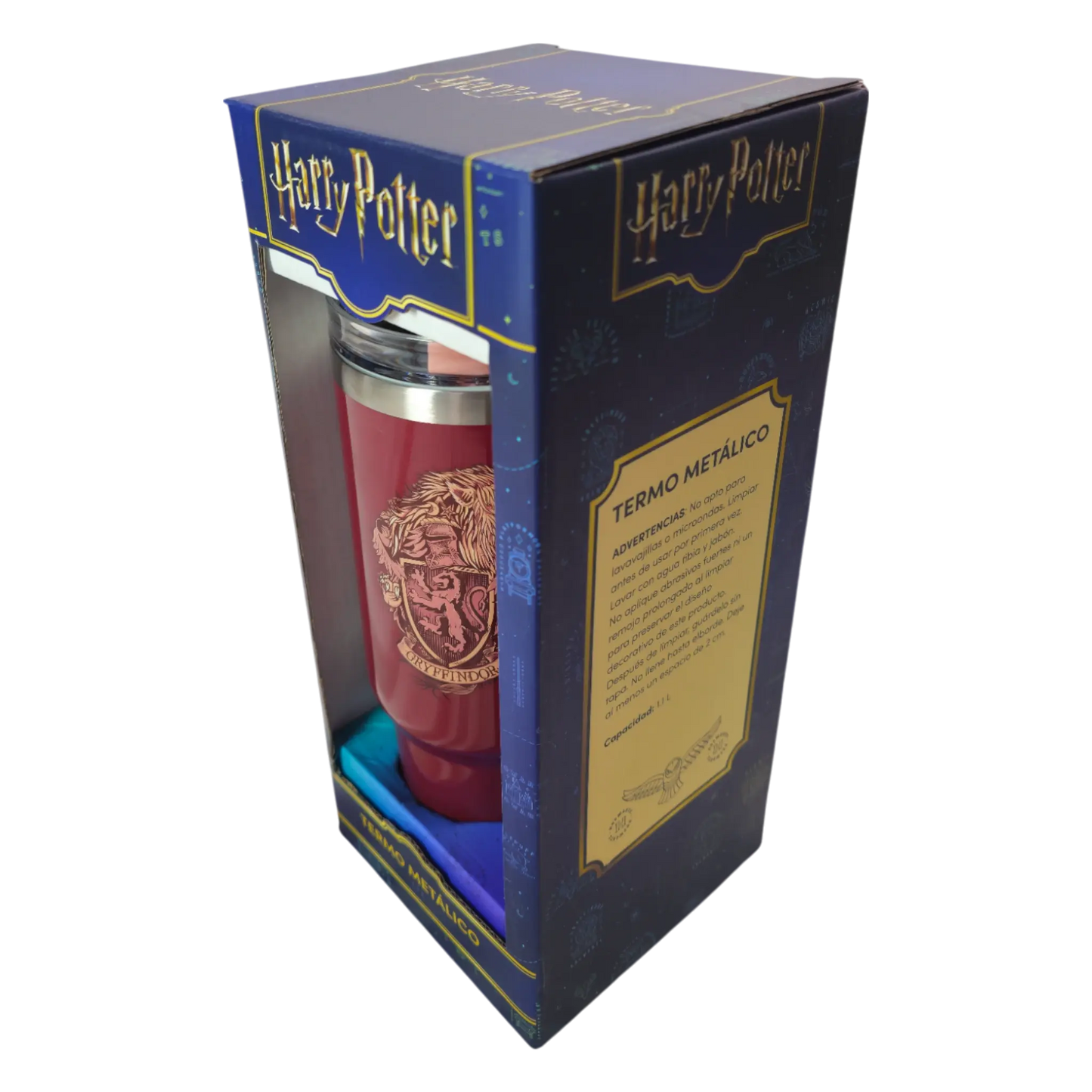 Termo metálico de Gryffindor en caja oficial de Harry Potter, vista lateral con especificaciones