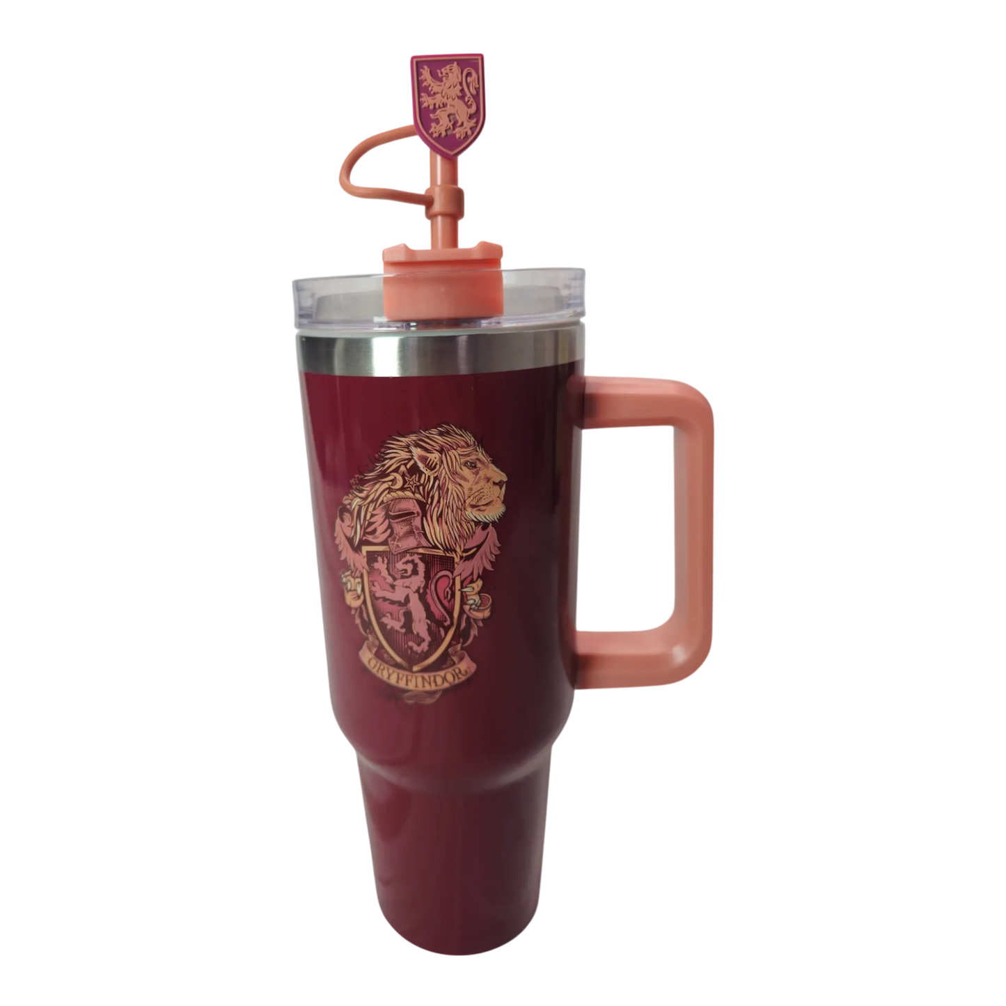 Vista frontal del termo metálico Gryffindor con tapa y popote decorado