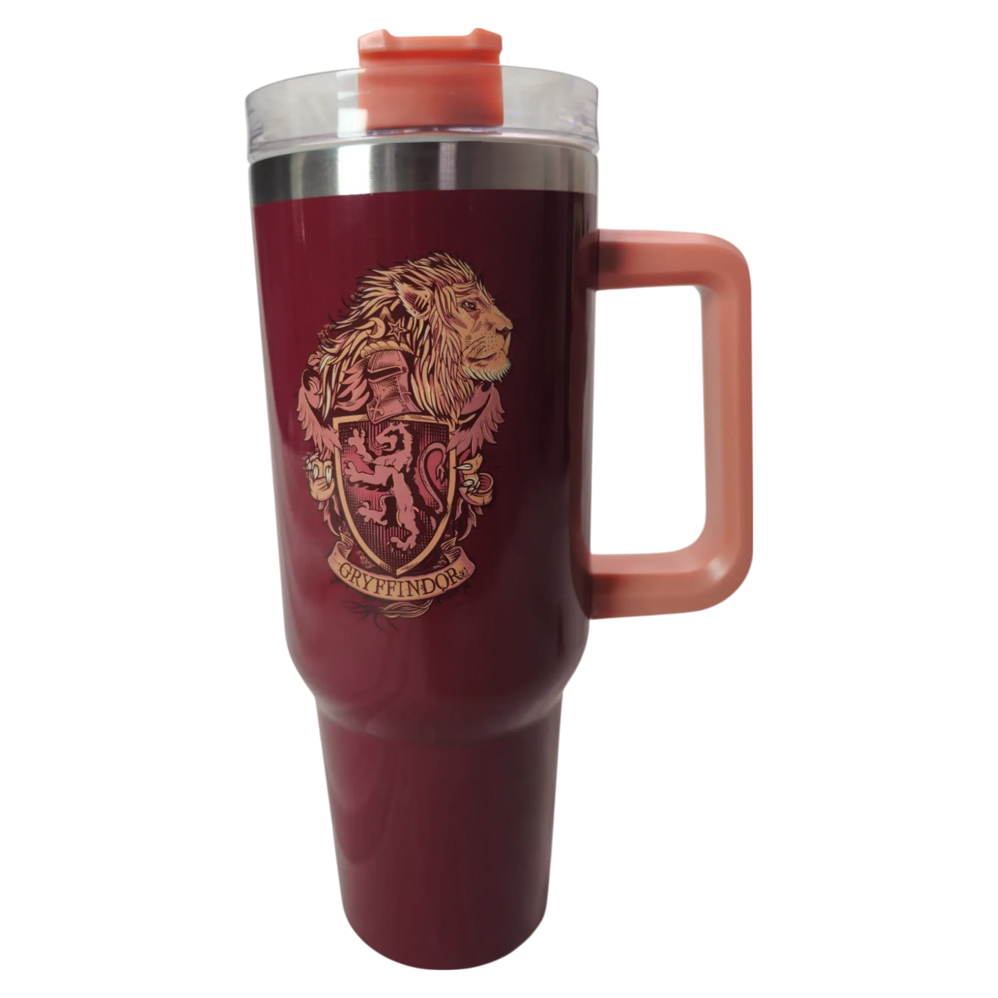 Termo Gryffindor sin popote, mostrando el diseño del escudo y la tapa transparente