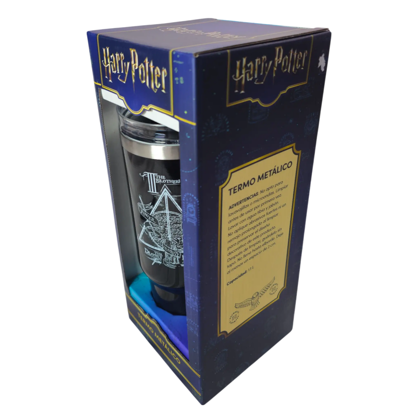 Vista lateral de termo Harry Potter en caja oficial con advertencias y capacidad