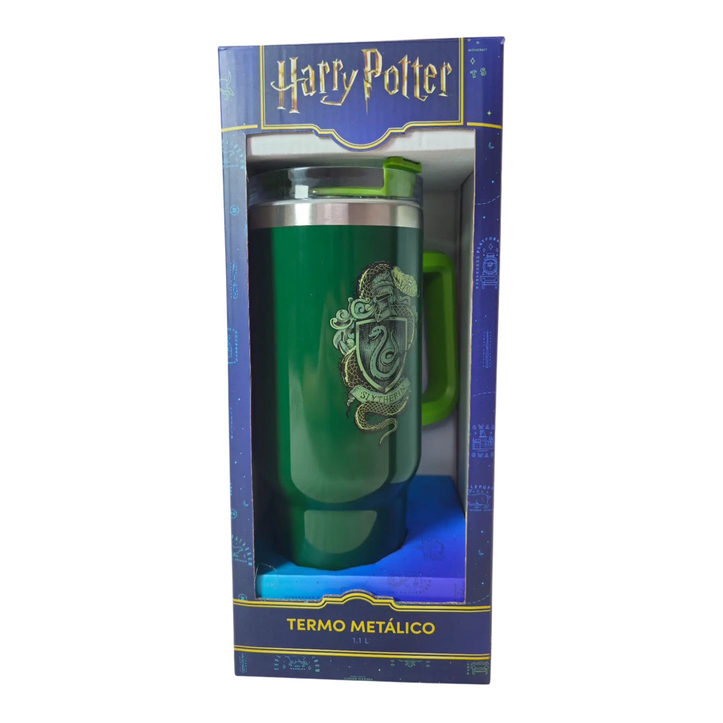 Termo metálico Slytherin de Harry Potter en caja oficial con diseño azul