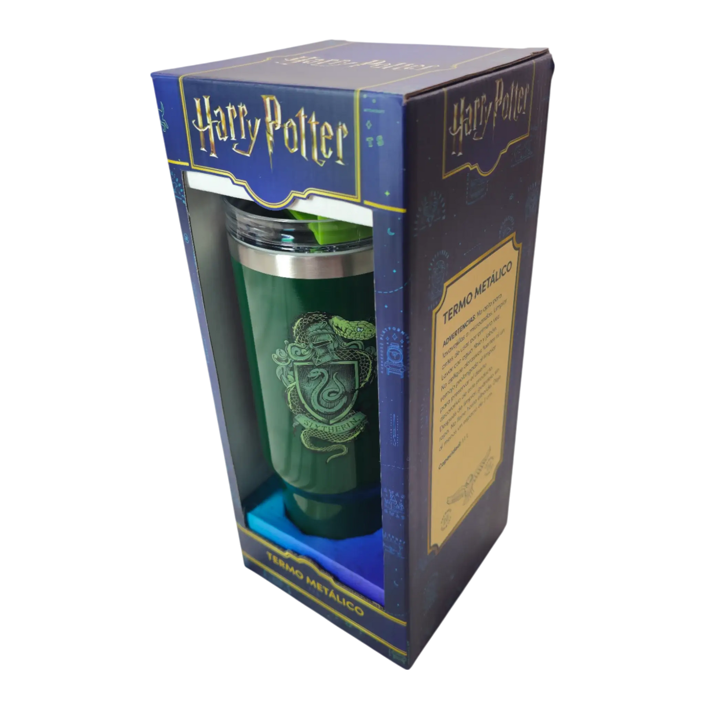 Termo metálico Slytherin en caja oficial vista lateral con descripción del producto