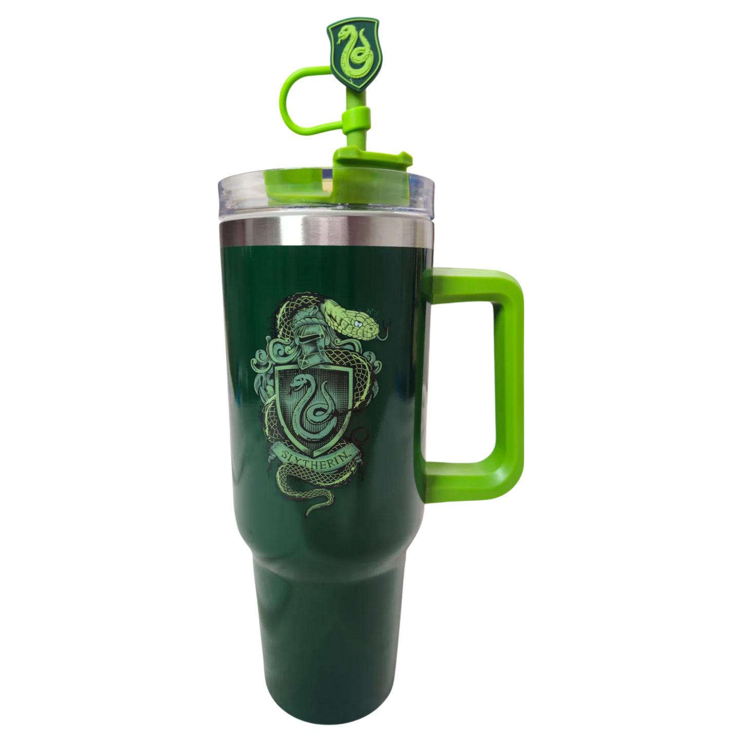 Termo metálico verde con escudo de Slytherin, popote decorado y asa verde