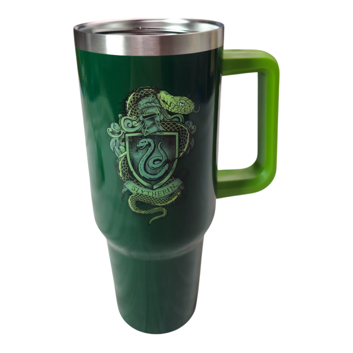 Termo Slytherin sin tapa, mostrando diseño del escudo y asa ergonómica verde