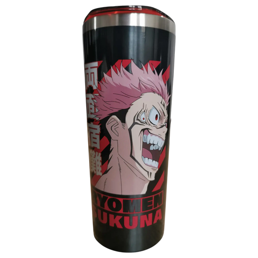 Vista frontal del termo de Ryomen Sukuna con expresión intensa, ilustración en alta definición.