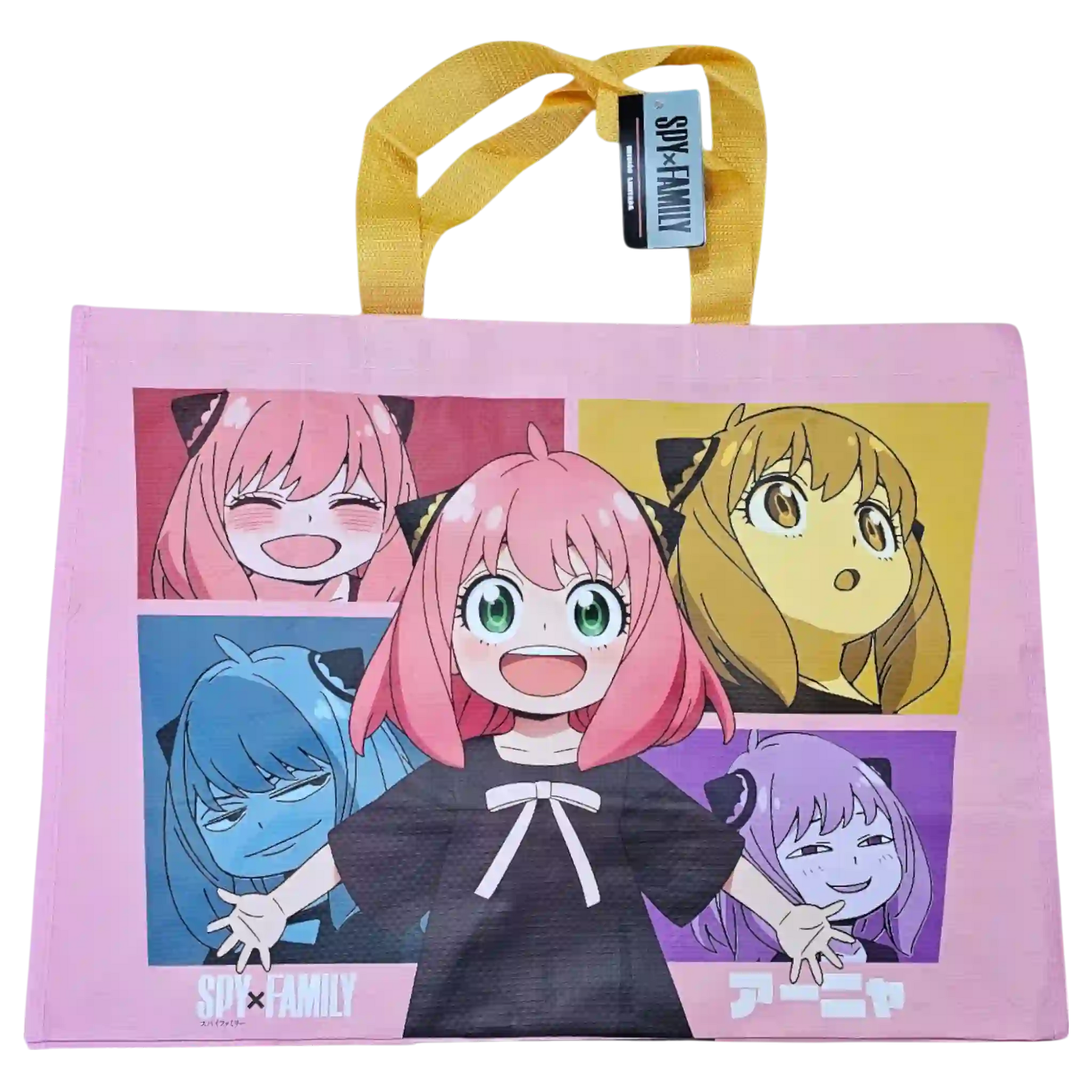 Vista frontal de la bolsa ecológica de Anya Forger con múltiples expresiones coloridas de Spy x Family