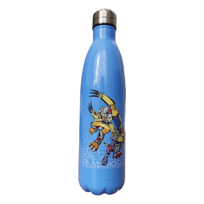 Botella metálica Digimon con diseño de MetalGarurumon y WarGreymon al frente