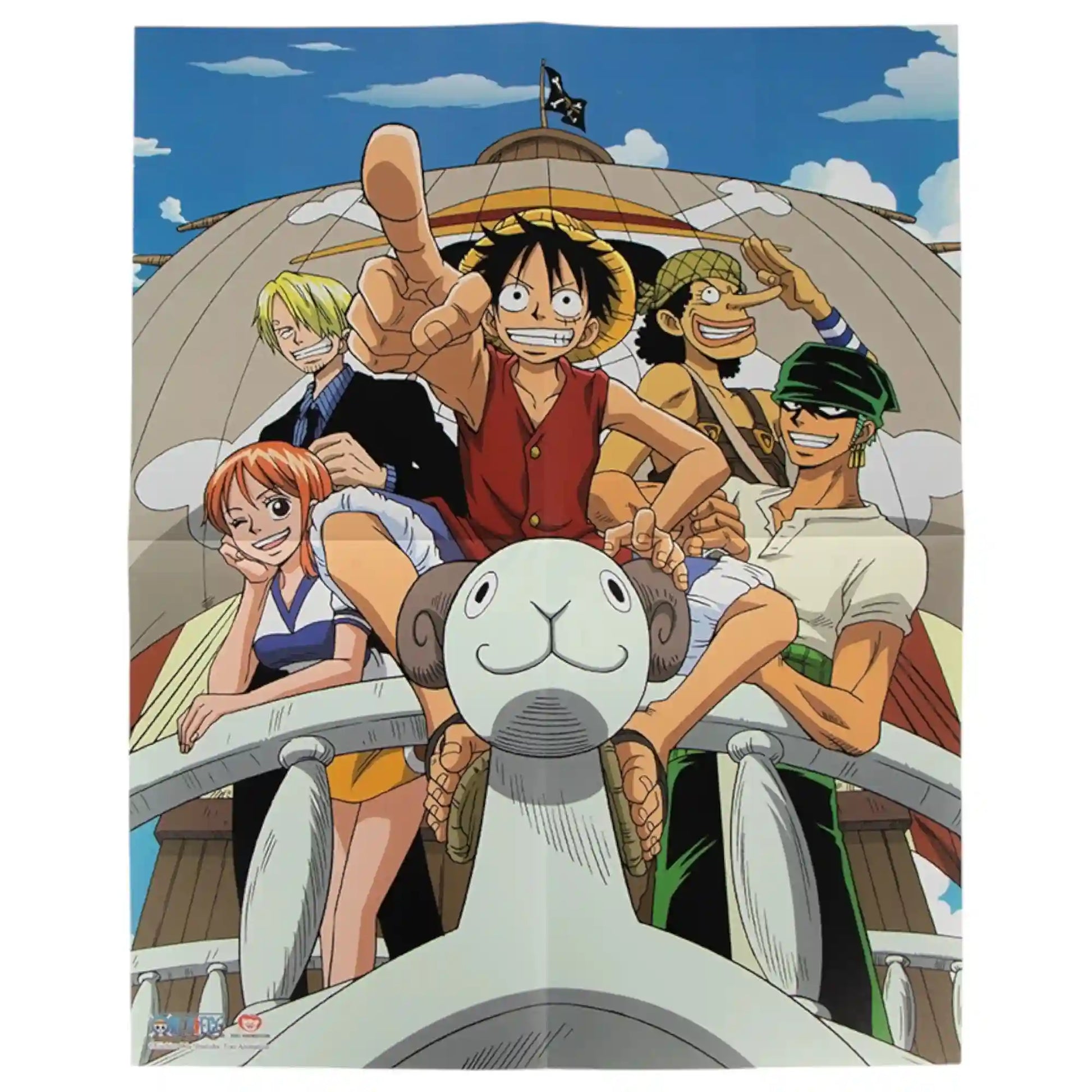 Póster incluido en la libreta con Luffy, Zoro, Nami, Usopp y Sanji a bordo del Going Merry