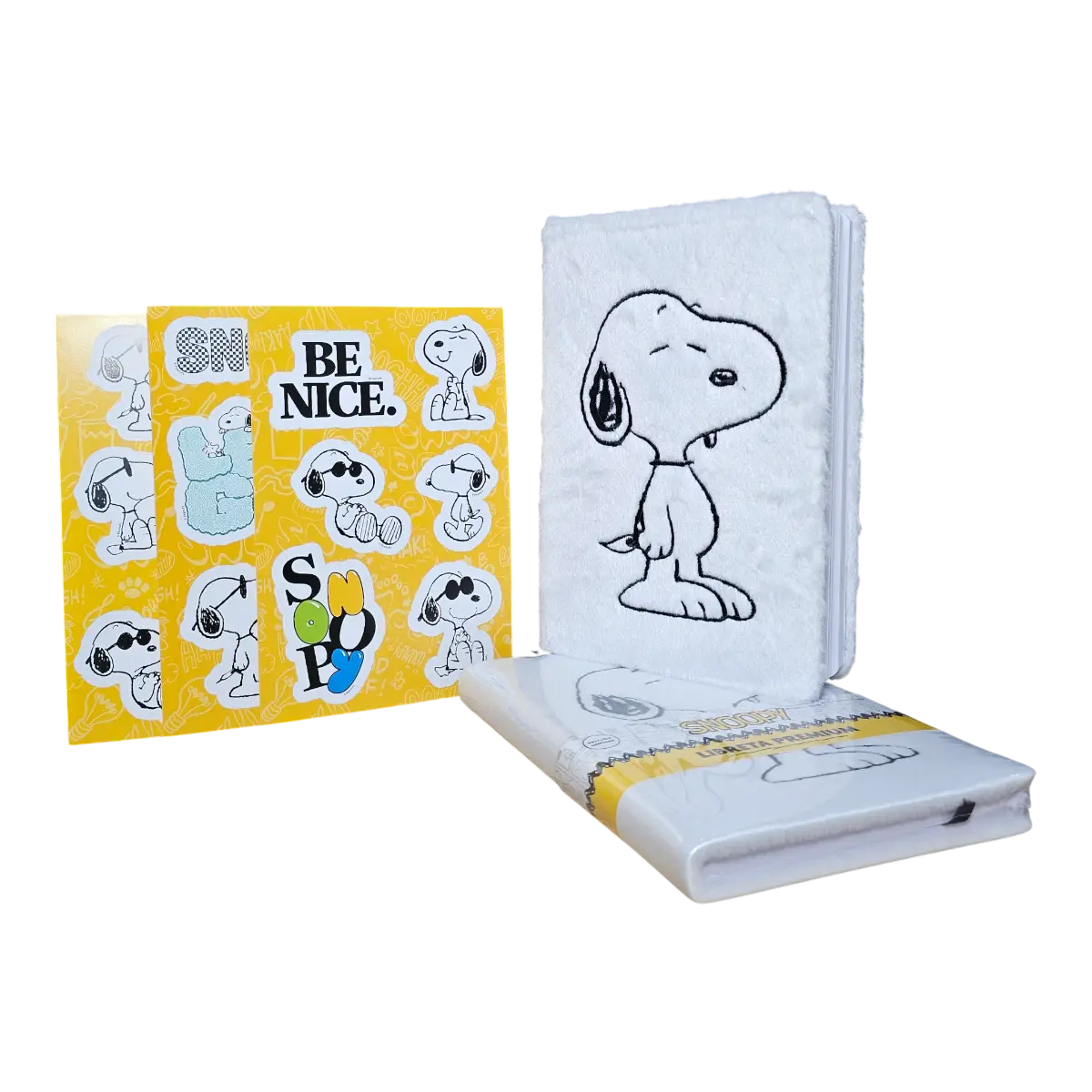 Libreta Snoopy Peluche Blanco Bordada + Calcomanías oficial