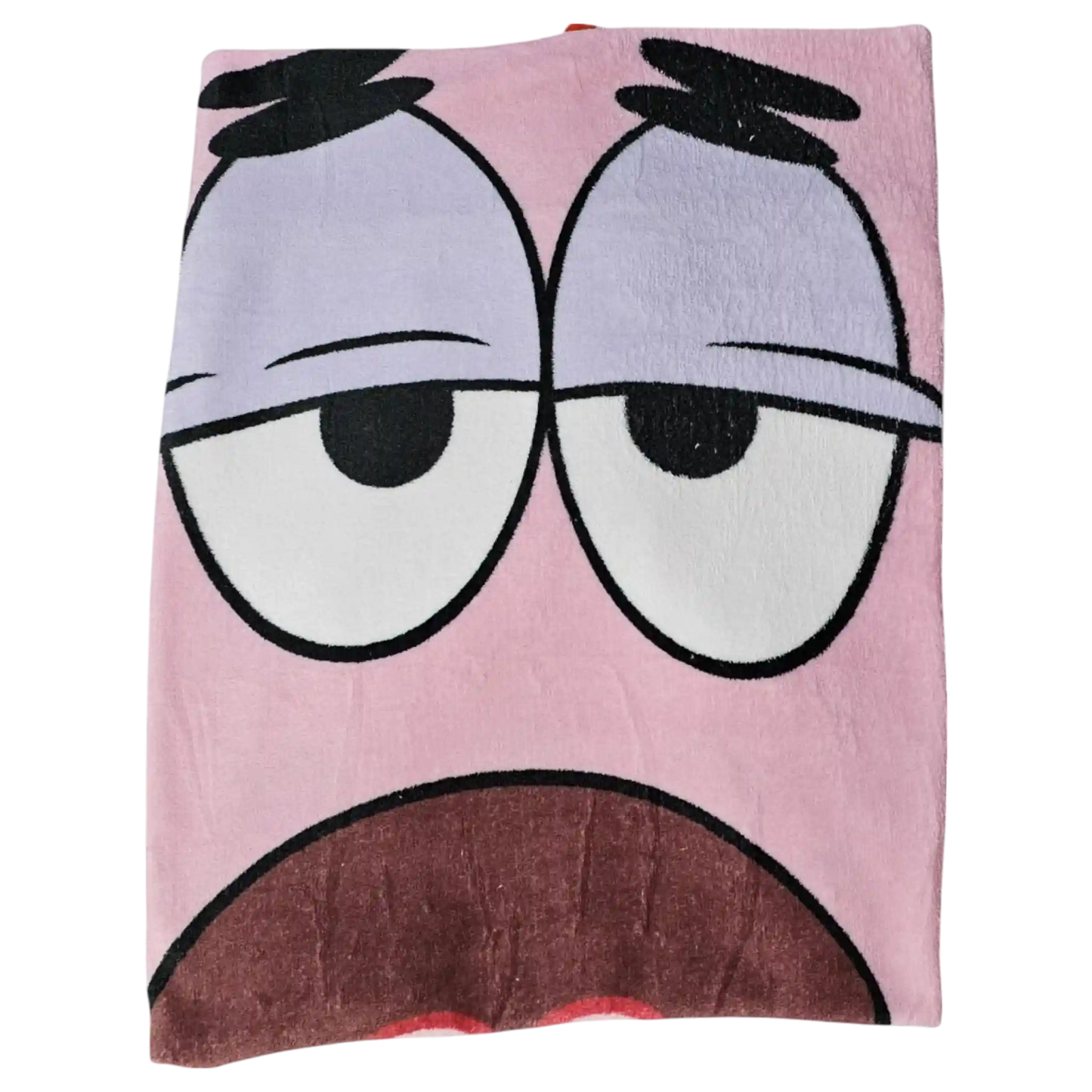 Acercamiento al rostro adormilado de Patricio Estrella impreso en la cobija de Bob Esponja.