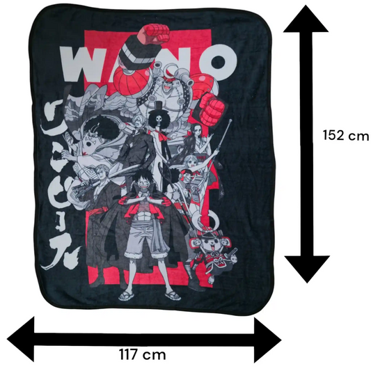 Manta de One Piece Wano con medidas de 152 cm de alto por 117 cm de ancho, ideal para uso personal o decoración geek