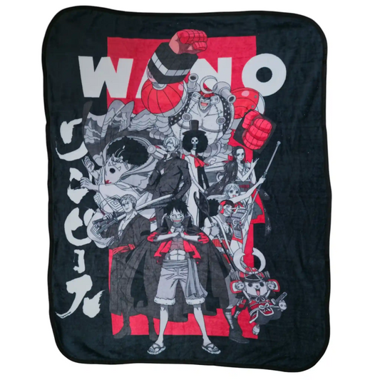 Vista completa de la manta de One Piece Wano sin fondo, mostrando diseño con personajes del arco de Wano.