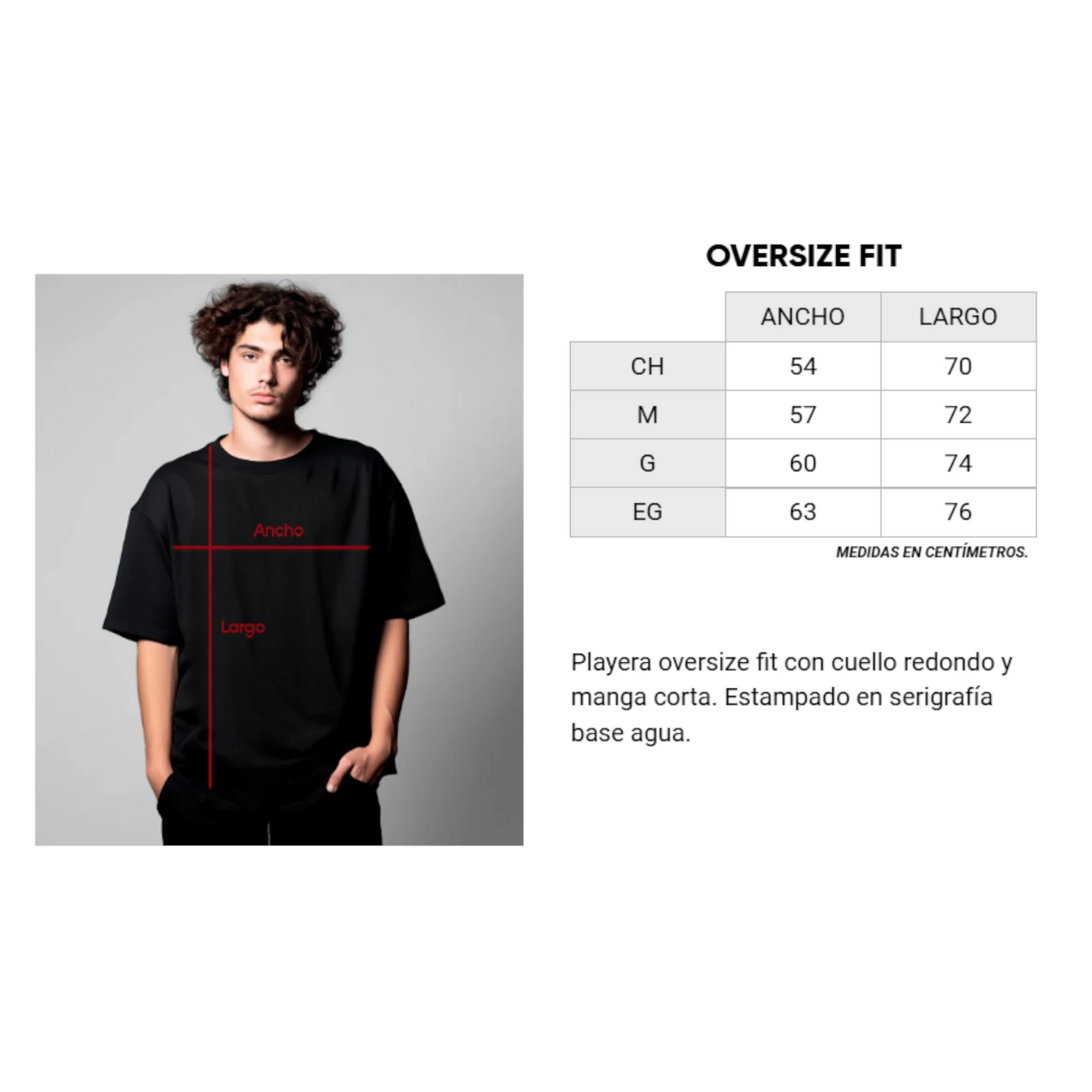 Guía visual de medidas de playeras oversize para hombre con corte amplio, ancho y largo en centímetros