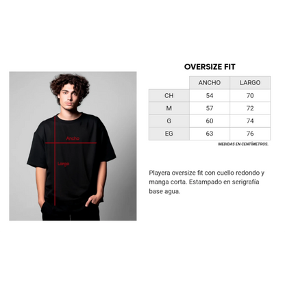 Guía visual de medidas de playeras oversize para hombre con corte amplio, ancho y largo en centímetros